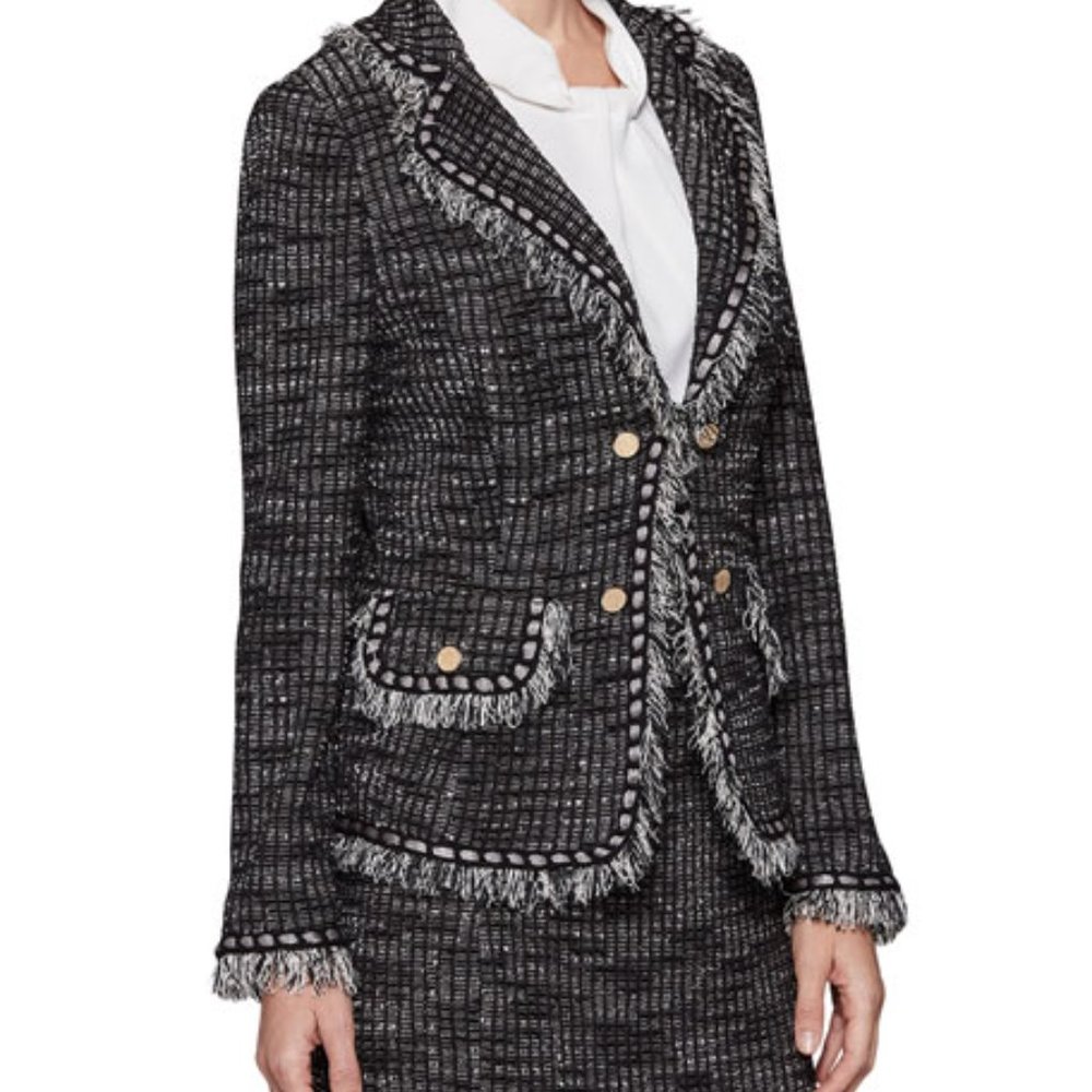 Misook Black & White Frayed Edge Tweed Open Front Jacket Size M - Picture 2 of 9